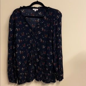 Navy flowered ruffle blouse